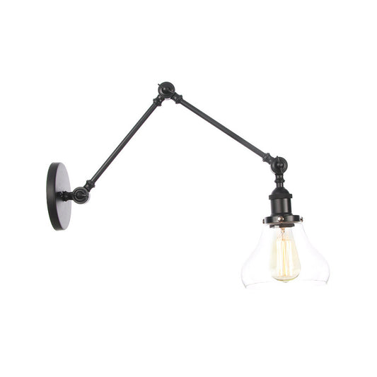 Swing Arm Dorm Room Task Wall Lamp Loft Iron Single Black/Black-Gold Wall Lighting with Ball/Bell Clear Glass Shade Black D Clearhalo 'Art deco wall lights' 'Cast Iron' 'Glass' 'Industrial wall lights' 'Industrial' 'Middle century wall lights' 'Modern' 'Rustic wall lights' 'Tiffany' 'Traditional wall lights' 'Wall Lamps & Sconces' 'Wall Lights' Lighting' 1917674