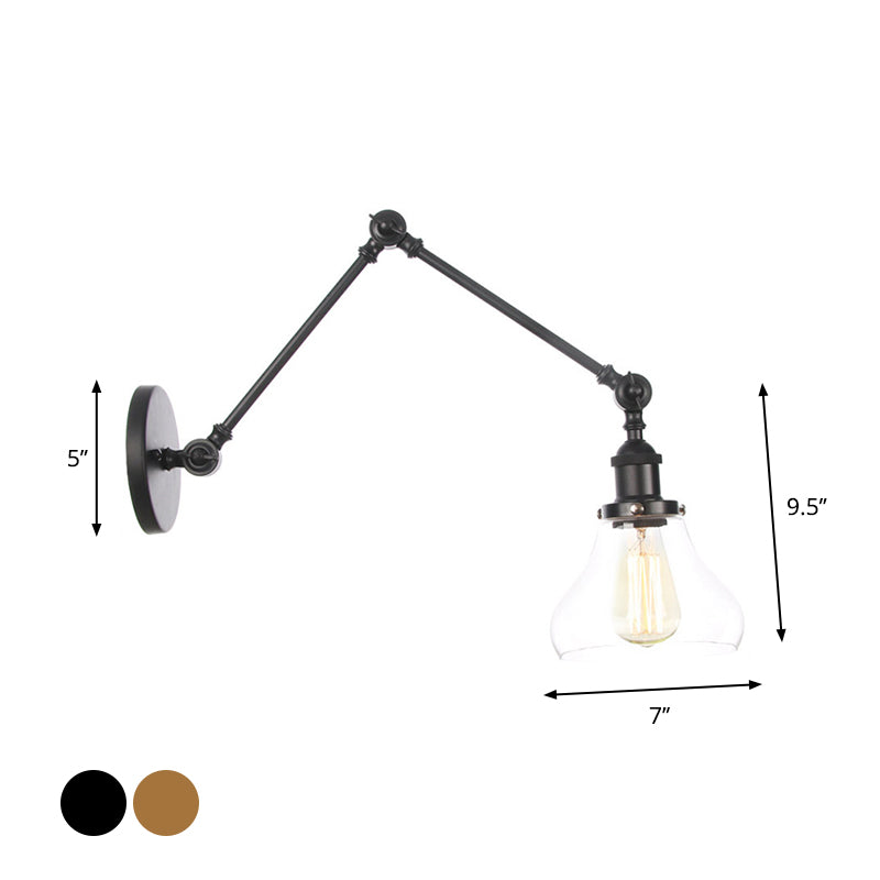 Swing Arm Dorm Room Task Wall Lamp Loft Iron Single Black/Black-Gold Wall Lighting with Ball/Bell Clear Glass Shade Clearhalo 'Art deco wall lights' 'Cast Iron' 'Glass' 'Industrial wall lights' 'Industrial' 'Middle century wall lights' 'Modern' 'Rustic wall lights' 'Tiffany' 'Traditional wall lights' 'Wall Lamps & Sconces' 'Wall Lights' Lighting' 1917675