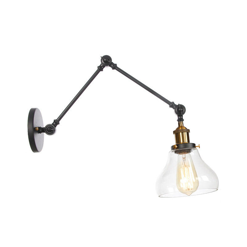 Swing Arm Dorm Room Task Wall Lamp Loft Iron Single Black/Black-Gold Wall Lighting with Ball/Bell Clear Glass Shade Black-Gold D Clearhalo 'Art deco wall lights' 'Cast Iron' 'Glass' 'Industrial wall lights' 'Industrial' 'Middle century wall lights' 'Modern' 'Rustic wall lights' 'Tiffany' 'Traditional wall lights' 'Wall Lamps & Sconces' 'Wall Lights' Lighting' 1917676