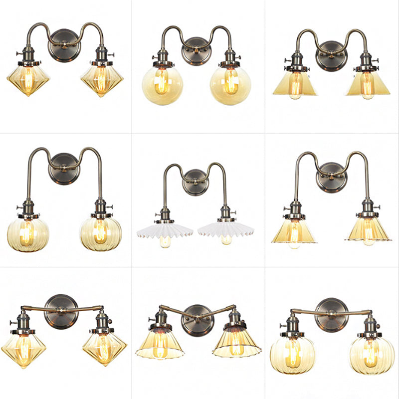 Amber/Clear Glass Diamond/Ball Wall Light Factory 2 Bulbs Living Room Wall Mounted Lighting with Undulated Arm in Bronze Clearhalo 'Art deco wall lights' 'Cast Iron' 'Glass' 'Industrial wall lights' 'Industrial' 'Middle century wall lights' 'Modern' 'Rustic wall lights' 'Tiffany' 'Traditional wall lights' 'Wall Lamps & Sconces' 'Wall Lights' Lighting' 1917677