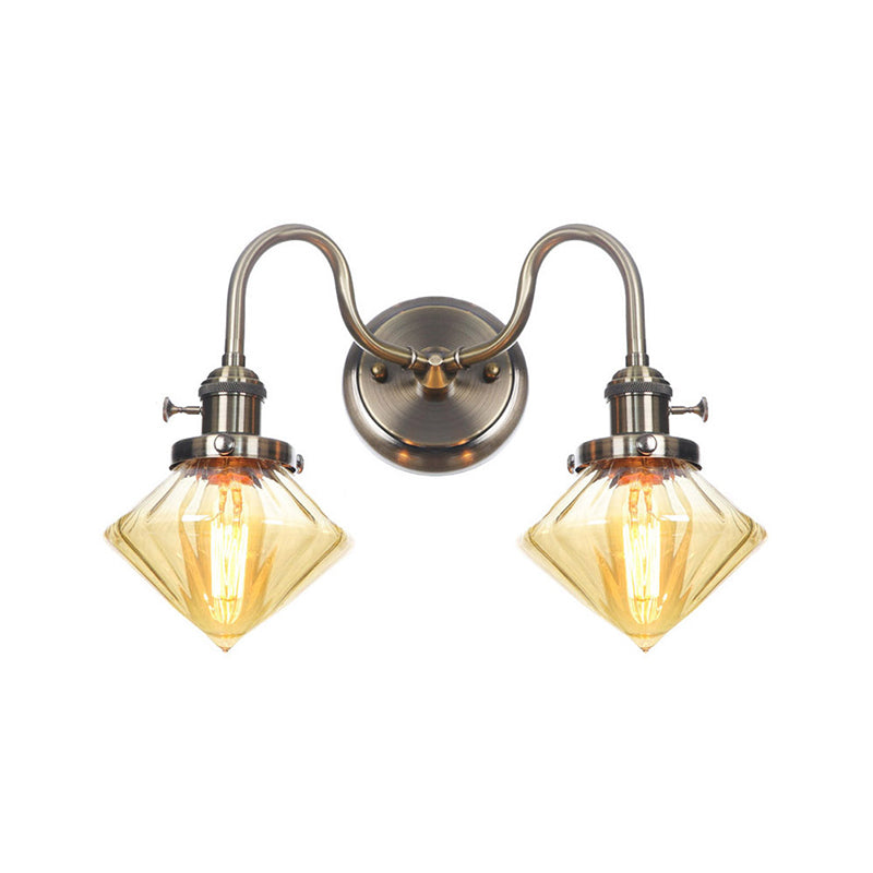 Amber/Clear Glass Diamond/Ball Wall Light Factory 2 Bulbs Living Room Wall Mounted Lighting with Undulated Arm in Bronze Clearhalo 'Art deco wall lights' 'Cast Iron' 'Glass' 'Industrial wall lights' 'Industrial' 'Middle century wall lights' 'Modern' 'Rustic wall lights' 'Tiffany' 'Traditional wall lights' 'Wall Lamps & Sconces' 'Wall Lights' Lighting' 1917683