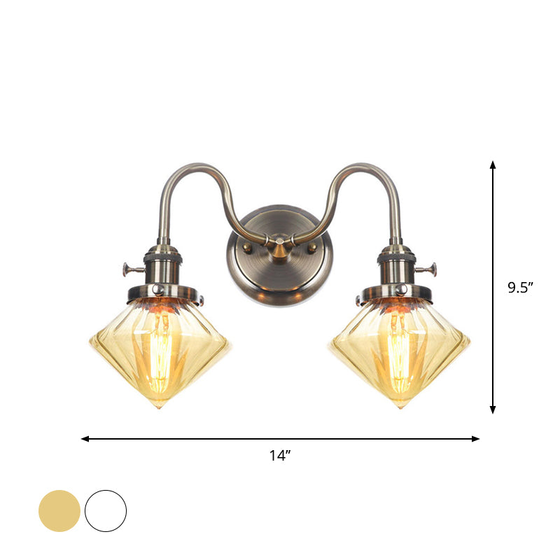 Amber/Clear Glass Diamond/Ball Wall Light Factory 2 Bulbs Living Room Wall Mounted Lighting with Undulated Arm in Bronze Clearhalo 'Art deco wall lights' 'Cast Iron' 'Glass' 'Industrial wall lights' 'Industrial' 'Middle century wall lights' 'Modern' 'Rustic wall lights' 'Tiffany' 'Traditional wall lights' 'Wall Lamps & Sconces' 'Wall Lights' Lighting' 1917684