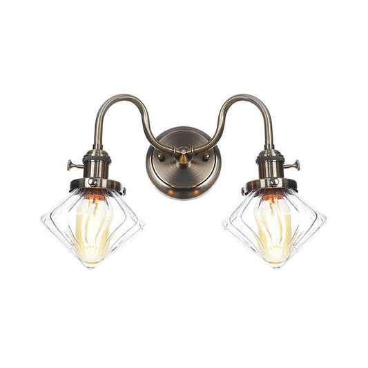 Amber/Clear Glass Diamond/Ball Wall Light Factory 2 Bulbs Living Room Wall Mounted Lighting with Undulated Arm in Bronze Clear C Clearhalo 'Art deco wall lights' 'Cast Iron' 'Glass' 'Industrial wall lights' 'Industrial' 'Middle century wall lights' 'Modern' 'Rustic wall lights' 'Tiffany' 'Traditional wall lights' 'Wall Lamps & Sconces' 'Wall Lights' Lighting' 1917685