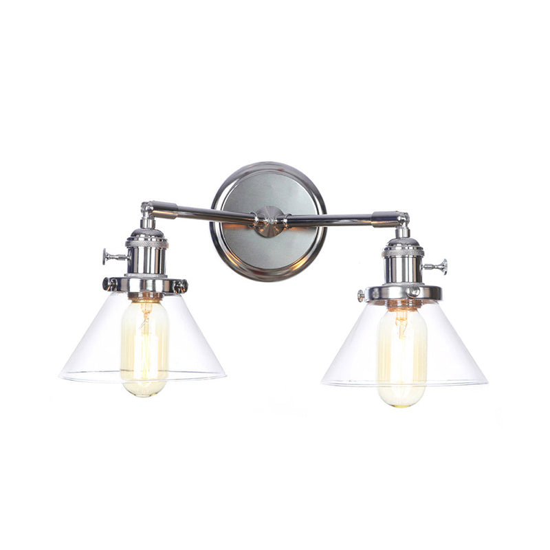 Chrome 2 Lights Wall Sconce Industrial Style Clear Glass Globe/Cone Wall Light Kit with Wavy Arm for Corridor Chrome B Clearhalo 'Art deco wall lights' 'Cast Iron' 'Glass' 'Industrial wall lights' 'Industrial' 'Middle century wall lights' 'Modern' 'Rustic wall lights' 'Tiffany' 'Traditional wall lights' 'Wall Lamps & Sconces' 'Wall Lights' Lighting' 1917693