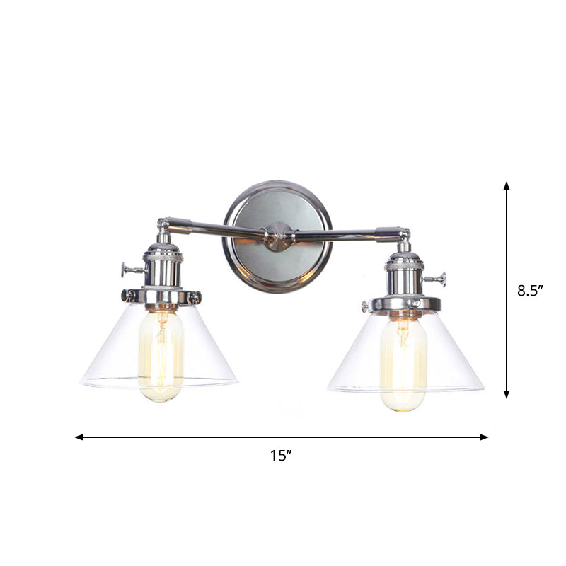 Chrome 2 Lights Wall Sconce Industrial Style Clear Glass Globe/Cone Wall Light Kit with Wavy Arm for Corridor Clearhalo 'Art deco wall lights' 'Cast Iron' 'Glass' 'Industrial wall lights' 'Industrial' 'Middle century wall lights' 'Modern' 'Rustic wall lights' 'Tiffany' 'Traditional wall lights' 'Wall Lamps & Sconces' 'Wall Lights' Lighting' 1917694