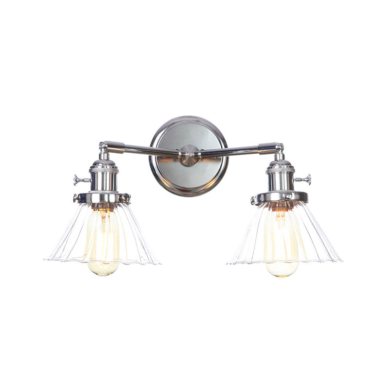 Chrome 2 Lights Wall Sconce Industrial Style Clear Glass Globe/Cone Wall Light Kit with Wavy Arm for Corridor Chrome A Clearhalo 'Art deco wall lights' 'Cast Iron' 'Glass' 'Industrial wall lights' 'Industrial' 'Middle century wall lights' 'Modern' 'Rustic wall lights' 'Tiffany' 'Traditional wall lights' 'Wall Lamps & Sconces' 'Wall Lights' Lighting' 1917697