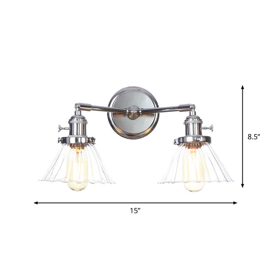 Chrome 2 Lights Wall Sconce Industrial Style Clear Glass Globe/Cone Wall Light Kit with Wavy Arm for Corridor Clearhalo 'Art deco wall lights' 'Cast Iron' 'Glass' 'Industrial wall lights' 'Industrial' 'Middle century wall lights' 'Modern' 'Rustic wall lights' 'Tiffany' 'Traditional wall lights' 'Wall Lamps & Sconces' 'Wall Lights' Lighting' 1917698