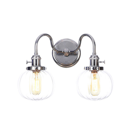 Chrome 2 Lights Wall Sconce Industrial Style Clear Glass Globe/Cone Wall Light Kit with Wavy Arm for Corridor Chrome D Clearhalo 'Art deco wall lights' 'Cast Iron' 'Glass' 'Industrial wall lights' 'Industrial' 'Middle century wall lights' 'Modern' 'Rustic wall lights' 'Tiffany' 'Traditional wall lights' 'Wall Lamps & Sconces' 'Wall Lights' Lighting' 1917699