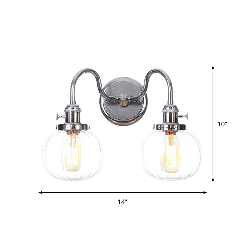 Chrome 2 Lights Wall Sconce Industrial Style Clear Glass Globe/Cone Wall Light Kit with Wavy Arm for Corridor Clearhalo 'Art deco wall lights' 'Cast Iron' 'Glass' 'Industrial wall lights' 'Industrial' 'Middle century wall lights' 'Modern' 'Rustic wall lights' 'Tiffany' 'Traditional wall lights' 'Wall Lamps & Sconces' 'Wall Lights' Lighting' 1917700