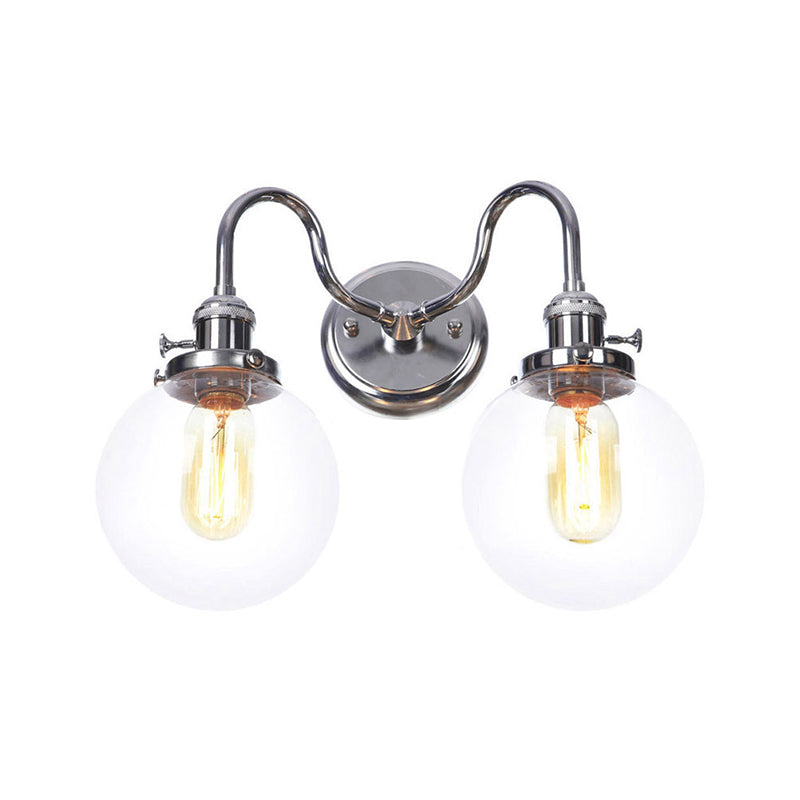 Chrome 2 Lights Wall Sconce Industrial Style Clear Glass Globe/Cone Wall Light Kit with Wavy Arm for Corridor Chrome E Clearhalo 'Art deco wall lights' 'Cast Iron' 'Glass' 'Industrial wall lights' 'Industrial' 'Middle century wall lights' 'Modern' 'Rustic wall lights' 'Tiffany' 'Traditional wall lights' 'Wall Lamps & Sconces' 'Wall Lights' Lighting' 1917701