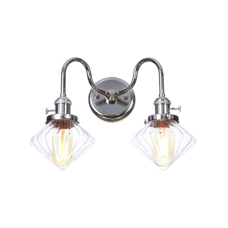 Chrome 2 Lights Wall Sconce Industrial Style Clear Glass Globe/Cone Wall Light Kit with Wavy Arm for Corridor Chrome H Clearhalo 'Art deco wall lights' 'Cast Iron' 'Glass' 'Industrial wall lights' 'Industrial' 'Middle century wall lights' 'Modern' 'Rustic wall lights' 'Tiffany' 'Traditional wall lights' 'Wall Lamps & Sconces' 'Wall Lights' Lighting' 1917703
