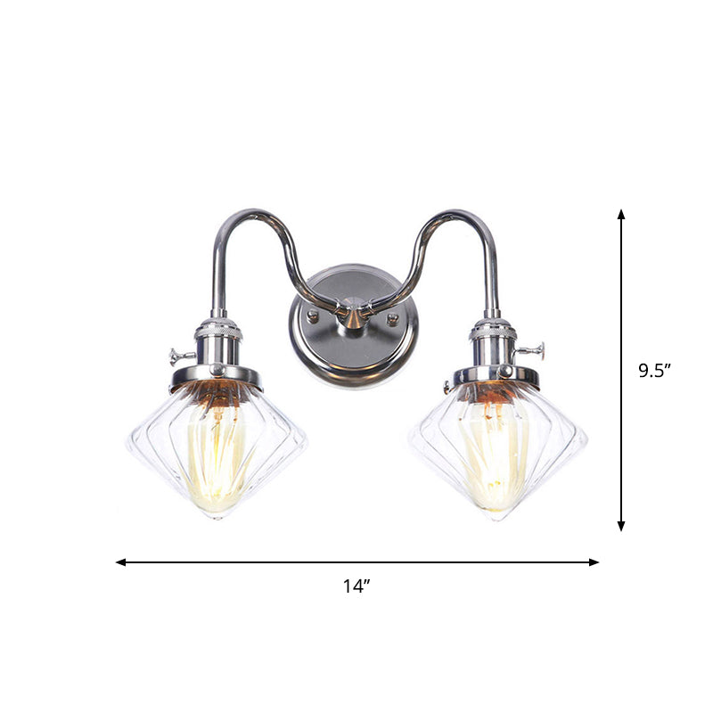 Chrome 2 Lights Wall Sconce Industrial Style Clear Glass Globe/Cone Wall Light Kit with Wavy Arm for Corridor Clearhalo 'Art deco wall lights' 'Cast Iron' 'Glass' 'Industrial wall lights' 'Industrial' 'Middle century wall lights' 'Modern' 'Rustic wall lights' 'Tiffany' 'Traditional wall lights' 'Wall Lamps & Sconces' 'Wall Lights' Lighting' 1917704