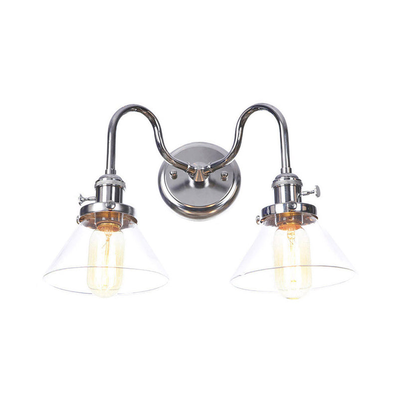 Chrome 2 Lights Wall Sconce Industrial Style Clear Glass Globe/Cone Wall Light Kit with Wavy Arm for Corridor Chrome G Clearhalo 'Art deco wall lights' 'Cast Iron' 'Glass' 'Industrial wall lights' 'Industrial' 'Middle century wall lights' 'Modern' 'Rustic wall lights' 'Tiffany' 'Traditional wall lights' 'Wall Lamps & Sconces' 'Wall Lights' Lighting' 1917705