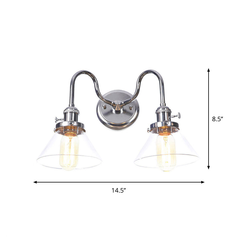 Chrome 2 Lights Wall Sconce Industrial Style Clear Glass Globe/Cone Wall Light Kit with Wavy Arm for Corridor Clearhalo 'Art deco wall lights' 'Cast Iron' 'Glass' 'Industrial wall lights' 'Industrial' 'Middle century wall lights' 'Modern' 'Rustic wall lights' 'Tiffany' 'Traditional wall lights' 'Wall Lamps & Sconces' 'Wall Lights' Lighting' 1917706