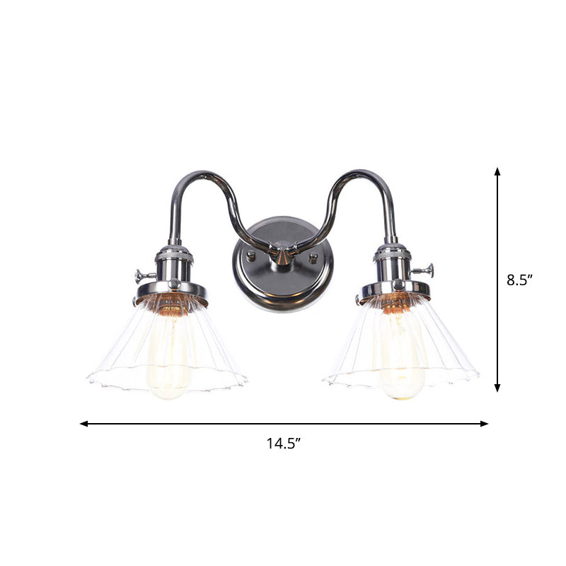 Chrome 2 Lights Wall Sconce Industrial Style Clear Glass Globe/Cone Wall Light Kit with Wavy Arm for Corridor Clearhalo 'Art deco wall lights' 'Cast Iron' 'Glass' 'Industrial wall lights' 'Industrial' 'Middle century wall lights' 'Modern' 'Rustic wall lights' 'Tiffany' 'Traditional wall lights' 'Wall Lamps & Sconces' 'Wall Lights' Lighting' 1917708