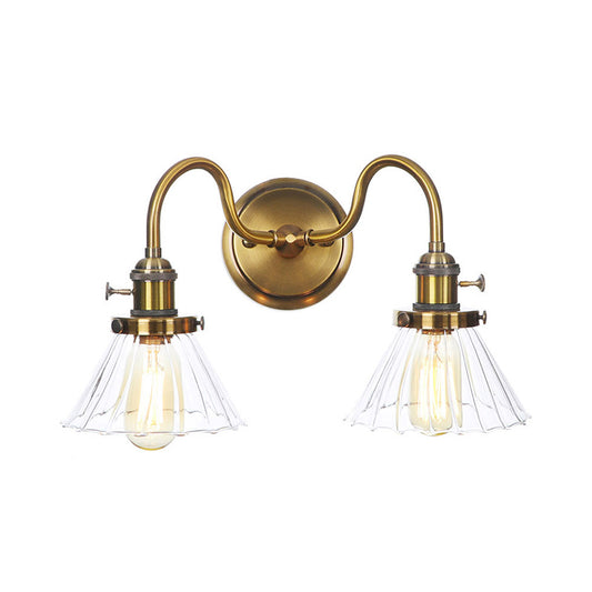 Metal Antiqued Brass Wall Lighting Conical/Spherical 2-Light Warehouse Wall Mounted Lamp with Straight/Curved Arm Brass A Clearhalo 'Art deco wall lights' 'Cast Iron' 'Glass' 'Industrial wall lights' 'Industrial' 'Middle century wall lights' 'Modern' 'Rustic wall lights' 'Tiffany' 'Traditional wall lights' 'Wall Lamps & Sconces' 'Wall Lights' Lighting' 1917724
