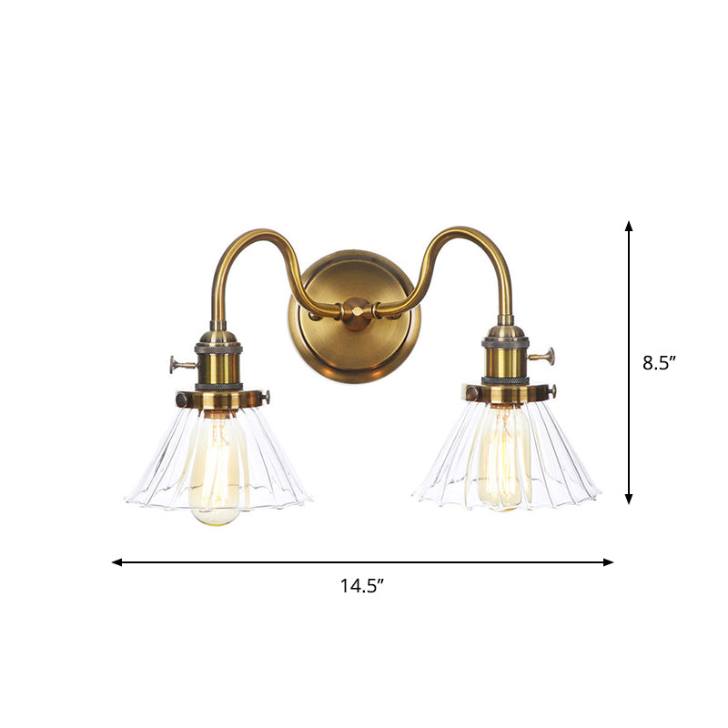 Metal Antiqued Brass Wall Lighting Conical/Spherical 2-Light Warehouse Wall Mounted Lamp with Straight/Curved Arm Clearhalo 'Art deco wall lights' 'Cast Iron' 'Glass' 'Industrial wall lights' 'Industrial' 'Middle century wall lights' 'Modern' 'Rustic wall lights' 'Tiffany' 'Traditional wall lights' 'Wall Lamps & Sconces' 'Wall Lights' Lighting' 1917725