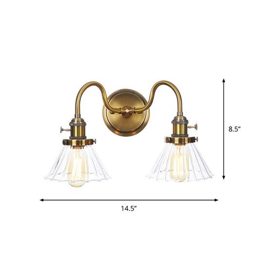 Metal Antiqued Brass Wall Lighting Conical/Spherical 2-Light Warehouse Wall Mounted Lamp with Straight/Curved Arm Clearhalo 'Art deco wall lights' 'Cast Iron' 'Glass' 'Industrial wall lights' 'Industrial' 'Middle century wall lights' 'Modern' 'Rustic wall lights' 'Tiffany' 'Traditional wall lights' 'Wall Lamps & Sconces' 'Wall Lights' Lighting' 1917725