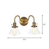Metal Antiqued Brass Wall Lighting Conical/Spherical 2-Light Warehouse Wall Mounted Lamp with Straight/Curved Arm Clearhalo 'Art deco wall lights' 'Cast Iron' 'Glass' 'Industrial wall lights' 'Industrial' 'Middle century wall lights' 'Modern' 'Rustic wall lights' 'Tiffany' 'Traditional wall lights' 'Wall Lamps & Sconces' 'Wall Lights' Lighting' 1917725