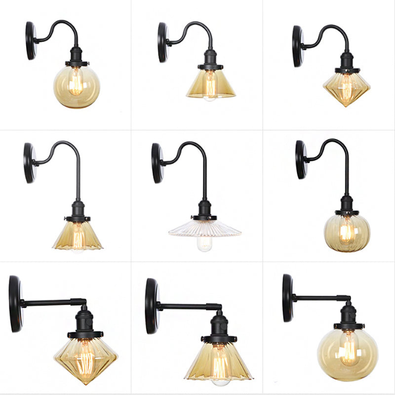 1-Light Gooseneck Wall Lamp Vintage Kitchen Wall Mount Light with Ball/Diamond/Cone Clear/Amber Glass Shade in Black Clearhalo 'Art deco wall lights' 'Cast Iron' 'Glass' 'Industrial wall lights' 'Industrial' 'Middle century wall lights' 'Modern' 'Rustic wall lights' 'Tiffany' 'Traditional wall lights' 'Wall Lamps & Sconces' 'Wall Lights' Lighting' 1917726