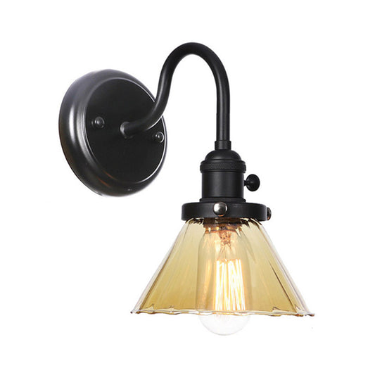 1-Light Gooseneck Wall Lamp Vintage Kitchen Wall Mount Light with Ball/Diamond/Cone Clear/Amber Glass Shade in Black Amber A Clearhalo 'Art deco wall lights' 'Cast Iron' 'Glass' 'Industrial wall lights' 'Industrial' 'Middle century wall lights' 'Modern' 'Rustic wall lights' 'Tiffany' 'Traditional wall lights' 'Wall Lamps & Sconces' 'Wall Lights' Lighting' 1917727
