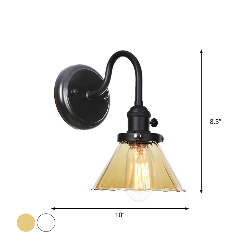 1-Light Gooseneck Wall Lamp Vintage Kitchen Wall Mount Light with Ball/Diamond/Cone Clear/Amber Glass Shade in Black Clearhalo 'Art deco wall lights' 'Cast Iron' 'Glass' 'Industrial wall lights' 'Industrial' 'Middle century wall lights' 'Modern' 'Rustic wall lights' 'Tiffany' 'Traditional wall lights' 'Wall Lamps & Sconces' 'Wall Lights' Lighting' 1917728