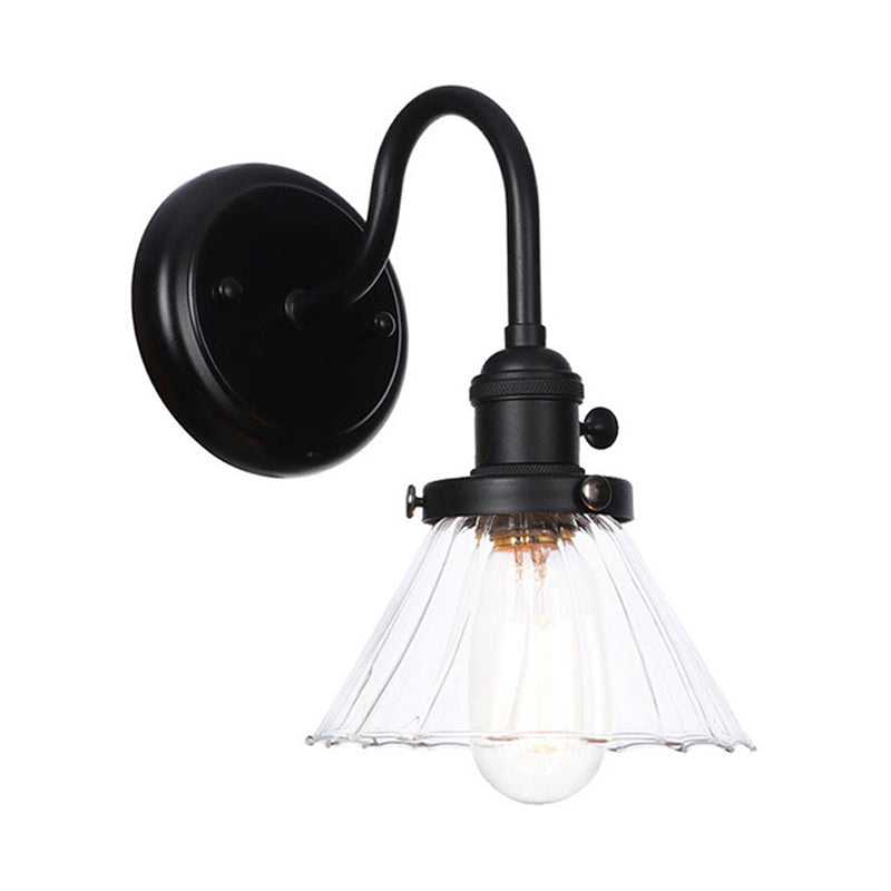1-Light Gooseneck Wall Lamp Vintage Kitchen Wall Mount Light with Ball/Diamond/Cone Clear/Amber Glass Shade in Black Clear A Clearhalo 'Art deco wall lights' 'Cast Iron' 'Glass' 'Industrial wall lights' 'Industrial' 'Middle century wall lights' 'Modern' 'Rustic wall lights' 'Tiffany' 'Traditional wall lights' 'Wall Lamps & Sconces' 'Wall Lights' Lighting' 1917729
