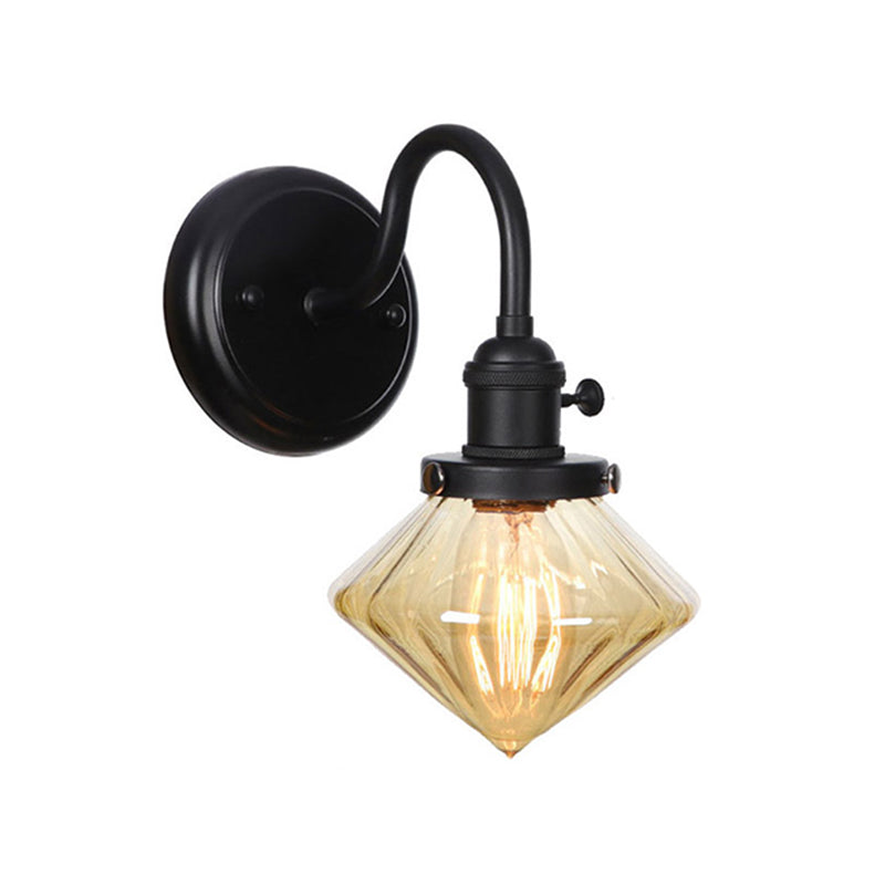 1-Light Gooseneck Wall Lamp Vintage Kitchen Wall Mount Light with Ball/Diamond/Cone Clear/Amber Glass Shade in Black Amber C Clearhalo 'Art deco wall lights' 'Cast Iron' 'Glass' 'Industrial wall lights' 'Industrial' 'Middle century wall lights' 'Modern' 'Rustic wall lights' 'Tiffany' 'Traditional wall lights' 'Wall Lamps & Sconces' 'Wall Lights' Lighting' 1917730