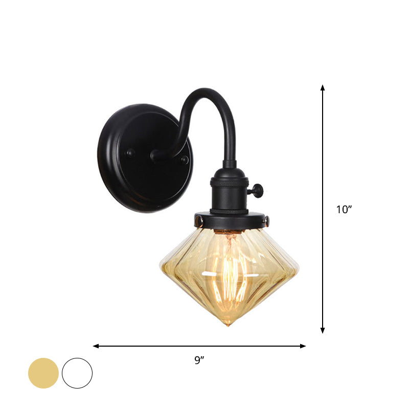 1-Light Gooseneck Wall Lamp Vintage Kitchen Wall Mount Light with Ball/Diamond/Cone Clear/Amber Glass Shade in Black Clearhalo 'Art deco wall lights' 'Cast Iron' 'Glass' 'Industrial wall lights' 'Industrial' 'Middle century wall lights' 'Modern' 'Rustic wall lights' 'Tiffany' 'Traditional wall lights' 'Wall Lamps & Sconces' 'Wall Lights' Lighting' 1917731