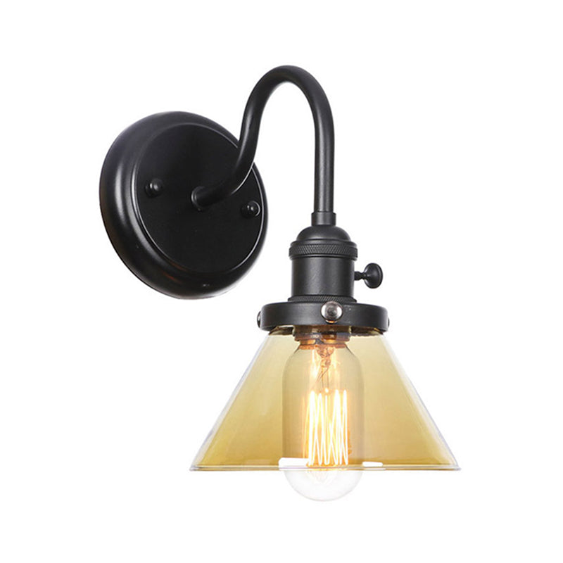 1-Light Gooseneck Wall Lamp Vintage Kitchen Wall Mount Light with Ball/Diamond/Cone Clear/Amber Glass Shade in Black Amber B Clearhalo 'Art deco wall lights' 'Cast Iron' 'Glass' 'Industrial wall lights' 'Industrial' 'Middle century wall lights' 'Modern' 'Rustic wall lights' 'Tiffany' 'Traditional wall lights' 'Wall Lamps & Sconces' 'Wall Lights' Lighting' 1917733