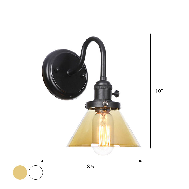 1-Light Gooseneck Wall Lamp Vintage Kitchen Wall Mount Light with Ball/Diamond/Cone Clear/Amber Glass Shade in Black Clearhalo 'Art deco wall lights' 'Cast Iron' 'Glass' 'Industrial wall lights' 'Industrial' 'Middle century wall lights' 'Modern' 'Rustic wall lights' 'Tiffany' 'Traditional wall lights' 'Wall Lamps & Sconces' 'Wall Lights' Lighting' 1917734