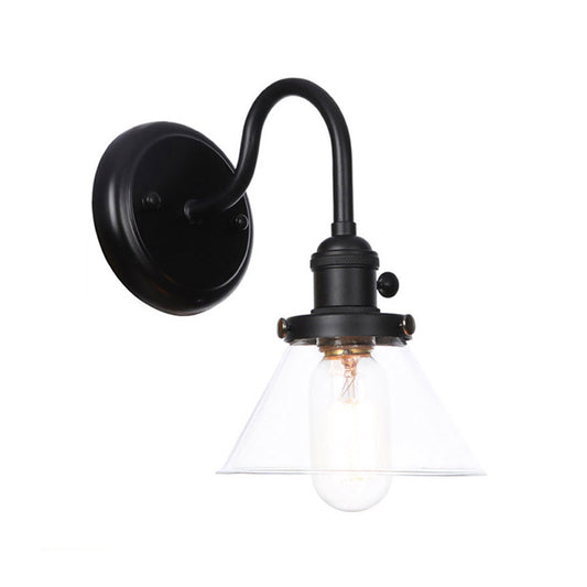 1-Light Gooseneck Wall Lamp Vintage Kitchen Wall Mount Light with Ball/Diamond/Cone Clear/Amber Glass Shade in Black Clear B Clearhalo 'Art deco wall lights' 'Cast Iron' 'Glass' 'Industrial wall lights' 'Industrial' 'Middle century wall lights' 'Modern' 'Rustic wall lights' 'Tiffany' 'Traditional wall lights' 'Wall Lamps & Sconces' 'Wall Lights' Lighting' 1917735