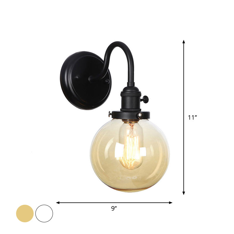 1-Light Gooseneck Wall Lamp Vintage Kitchen Wall Mount Light with Ball/Diamond/Cone Clear/Amber Glass Shade in Black Clearhalo 'Art deco wall lights' 'Cast Iron' 'Glass' 'Industrial wall lights' 'Industrial' 'Middle century wall lights' 'Modern' 'Rustic wall lights' 'Tiffany' 'Traditional wall lights' 'Wall Lamps & Sconces' 'Wall Lights' Lighting' 1917737