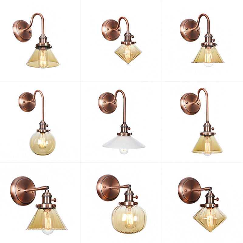 Iron Copper Finish Wall Light Conic/Diamond/Ball Shade Single Factory Wall Mount Reading Lamp with Swing/Gooseneck Arm Clearhalo 'Art deco wall lights' 'Cast Iron' 'Glass' 'Industrial wall lights' 'Industrial' 'Middle century wall lights' 'Modern' 'Rustic wall lights' 'Tiffany' 'Traditional wall lights' 'Wall Lamps & Sconces' 'Wall Lights' Lighting' 1917756