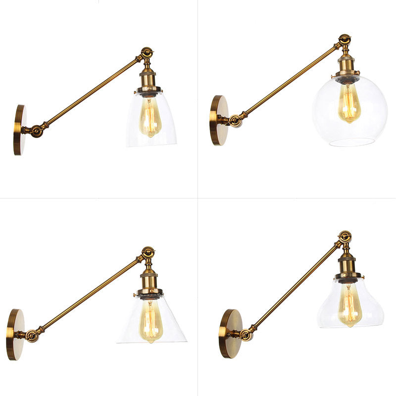 Rotating Single-Bulb Saucer/Cone Sconce Warehouse Brass Clear Glass Wall Mounted Light with Straight Arm Clearhalo 'Art deco wall lights' 'Cast Iron' 'Glass' 'Industrial wall lights' 'Industrial' 'Middle century wall lights' 'Modern' 'Rustic wall lights' 'Tiffany' 'Traditional wall lights' 'Wall Lamps & Sconces' 'Wall Lights' Lighting' 1917773