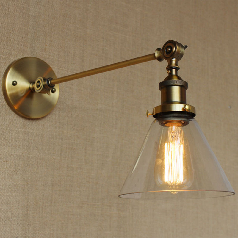 Rotating Single-Bulb Saucer/Cone Sconce Warehouse Brass Clear Glass Wall Mounted Light with Straight Arm Brass C Clearhalo 'Art deco wall lights' 'Cast Iron' 'Glass' 'Industrial wall lights' 'Industrial' 'Middle century wall lights' 'Modern' 'Rustic wall lights' 'Tiffany' 'Traditional wall lights' 'Wall Lamps & Sconces' 'Wall Lights' Lighting' 1917774