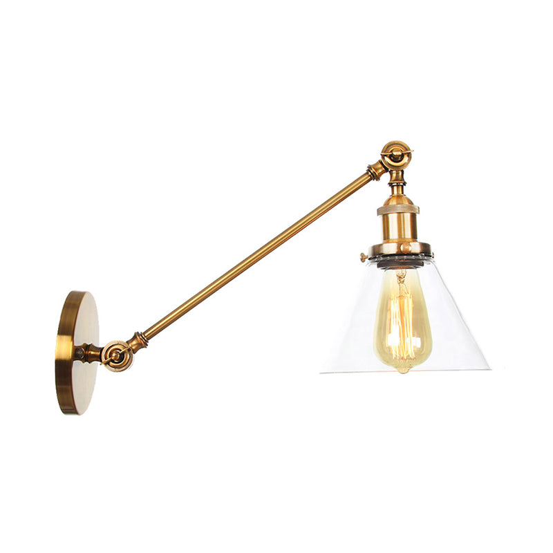 Rotating Single-Bulb Saucer/Cone Sconce Warehouse Brass Clear Glass Wall Mounted Light with Straight Arm Clearhalo 'Art deco wall lights' 'Cast Iron' 'Glass' 'Industrial wall lights' 'Industrial' 'Middle century wall lights' 'Modern' 'Rustic wall lights' 'Tiffany' 'Traditional wall lights' 'Wall Lamps & Sconces' 'Wall Lights' Lighting' 1917775