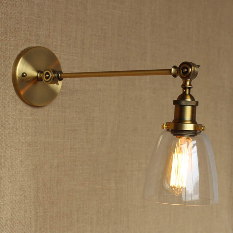 Rotating Single-Bulb Saucer/Cone Sconce Warehouse Brass Clear Glass Wall Mounted Light with Straight Arm Brass A Clearhalo 'Art deco wall lights' 'Cast Iron' 'Glass' 'Industrial wall lights' 'Industrial' 'Middle century wall lights' 'Modern' 'Rustic wall lights' 'Tiffany' 'Traditional wall lights' 'Wall Lamps & Sconces' 'Wall Lights' Lighting' 1917777
