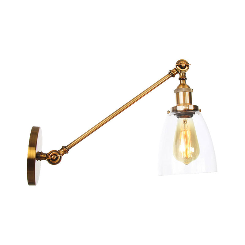 Rotating Single-Bulb Saucer/Cone Sconce Warehouse Brass Clear Glass Wall Mounted Light with Straight Arm Clearhalo 'Art deco wall lights' 'Cast Iron' 'Glass' 'Industrial wall lights' 'Industrial' 'Middle century wall lights' 'Modern' 'Rustic wall lights' 'Tiffany' 'Traditional wall lights' 'Wall Lamps & Sconces' 'Wall Lights' Lighting' 1917778