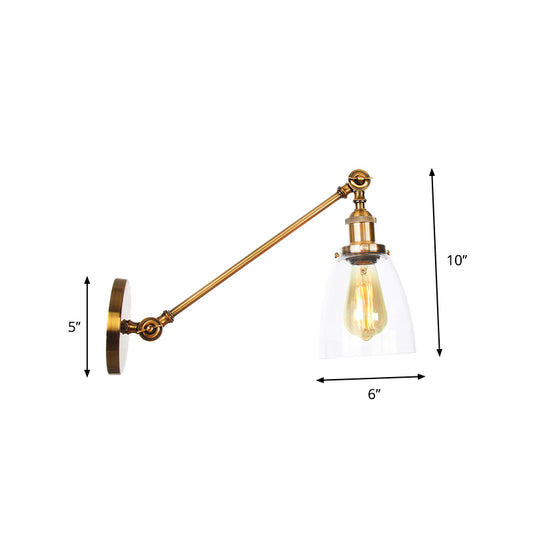 Rotating Single-Bulb Saucer/Cone Sconce Warehouse Brass Clear Glass Wall Mounted Light with Straight Arm Clearhalo 'Art deco wall lights' 'Cast Iron' 'Glass' 'Industrial wall lights' 'Industrial' 'Middle century wall lights' 'Modern' 'Rustic wall lights' 'Tiffany' 'Traditional wall lights' 'Wall Lamps & Sconces' 'Wall Lights' Lighting' 1917779