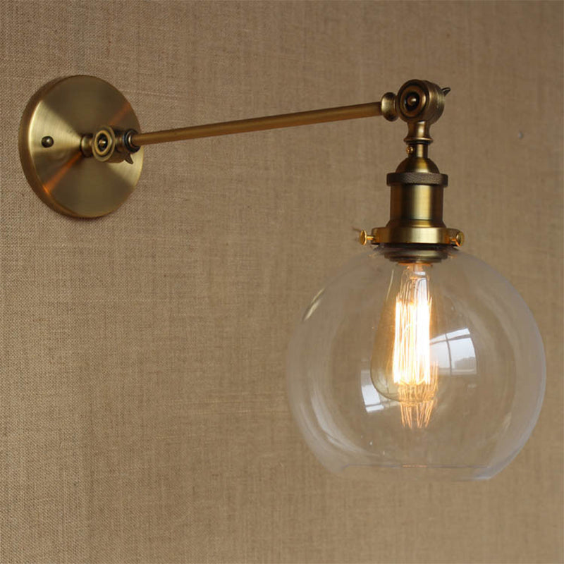 Rotating Single-Bulb Saucer/Cone Sconce Warehouse Brass Clear Glass Wall Mounted Light with Straight Arm Brass B Clearhalo 'Art deco wall lights' 'Cast Iron' 'Glass' 'Industrial wall lights' 'Industrial' 'Middle century wall lights' 'Modern' 'Rustic wall lights' 'Tiffany' 'Traditional wall lights' 'Wall Lamps & Sconces' 'Wall Lights' Lighting' 1917780