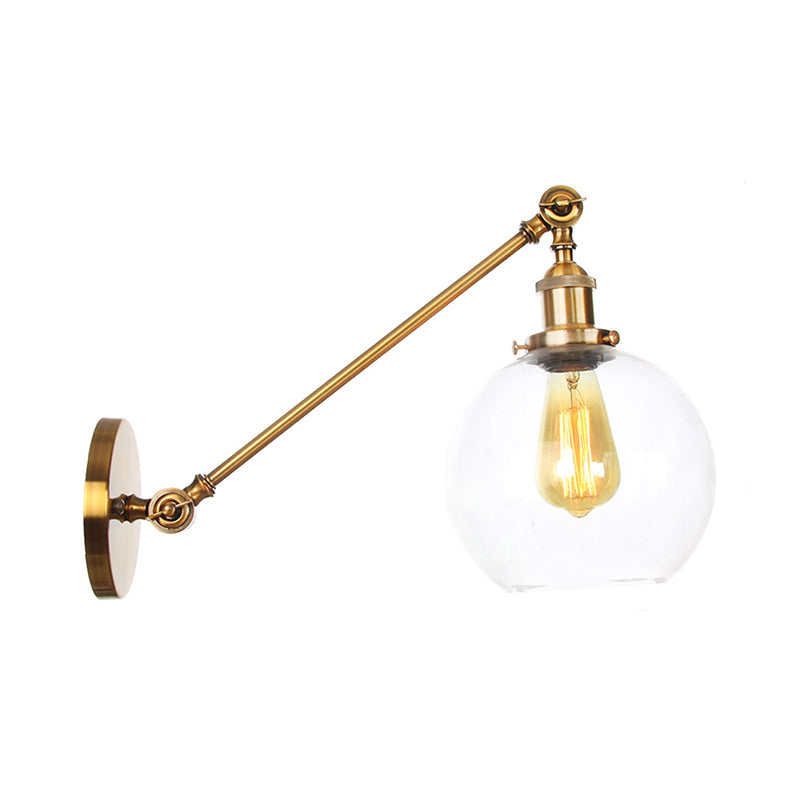 Rotating Single-Bulb Saucer/Cone Sconce Warehouse Brass Clear Glass Wall Mounted Light with Straight Arm Clearhalo 'Art deco wall lights' 'Cast Iron' 'Glass' 'Industrial wall lights' 'Industrial' 'Middle century wall lights' 'Modern' 'Rustic wall lights' 'Tiffany' 'Traditional wall lights' 'Wall Lamps & Sconces' 'Wall Lights' Lighting' 1917781