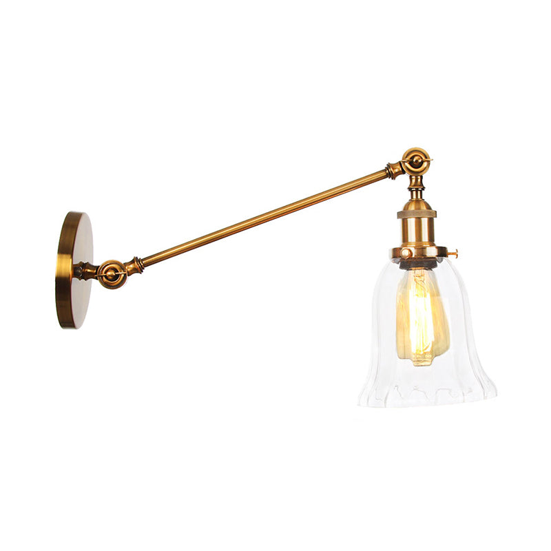 Rotating Single-Bulb Saucer/Cone Sconce Warehouse Brass Clear Glass Wall Mounted Light with Straight Arm Brass E Clearhalo 'Art deco wall lights' 'Cast Iron' 'Glass' 'Industrial wall lights' 'Industrial' 'Middle century wall lights' 'Modern' 'Rustic wall lights' 'Tiffany' 'Traditional wall lights' 'Wall Lamps & Sconces' 'Wall Lights' Lighting' 1917783