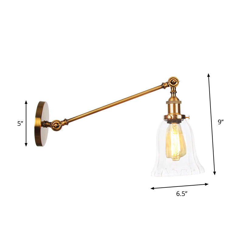 Rotating Single-Bulb Saucer/Cone Sconce Warehouse Brass Clear Glass Wall Mounted Light with Straight Arm Clearhalo 'Art deco wall lights' 'Cast Iron' 'Glass' 'Industrial wall lights' 'Industrial' 'Middle century wall lights' 'Modern' 'Rustic wall lights' 'Tiffany' 'Traditional wall lights' 'Wall Lamps & Sconces' 'Wall Lights' Lighting' 1917784