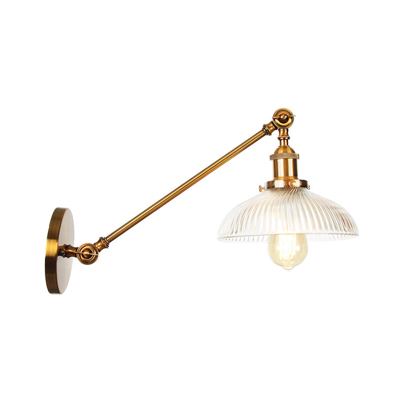 Rotating Single-Bulb Saucer/Cone Sconce Warehouse Brass Clear Glass Wall Mounted Light with Straight Arm Brass H Clearhalo 'Art deco wall lights' 'Cast Iron' 'Glass' 'Industrial wall lights' 'Industrial' 'Middle century wall lights' 'Modern' 'Rustic wall lights' 'Tiffany' 'Traditional wall lights' 'Wall Lamps & Sconces' 'Wall Lights' Lighting' 1917787