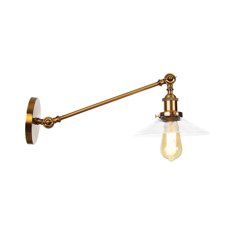 Rotating Single-Bulb Saucer/Cone Sconce Warehouse Brass Clear Glass Wall Mounted Light with Straight Arm Brass G Clearhalo 'Art deco wall lights' 'Cast Iron' 'Glass' 'Industrial wall lights' 'Industrial' 'Middle century wall lights' 'Modern' 'Rustic wall lights' 'Tiffany' 'Traditional wall lights' 'Wall Lamps & Sconces' 'Wall Lights' Lighting' 1917789