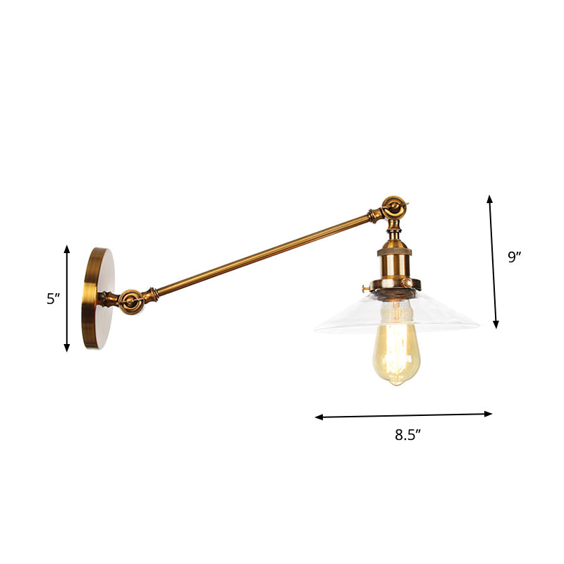 Rotating Single-Bulb Saucer/Cone Sconce Warehouse Brass Clear Glass Wall Mounted Light with Straight Arm Clearhalo 'Art deco wall lights' 'Cast Iron' 'Glass' 'Industrial wall lights' 'Industrial' 'Middle century wall lights' 'Modern' 'Rustic wall lights' 'Tiffany' 'Traditional wall lights' 'Wall Lamps & Sconces' 'Wall Lights' Lighting' 1917790