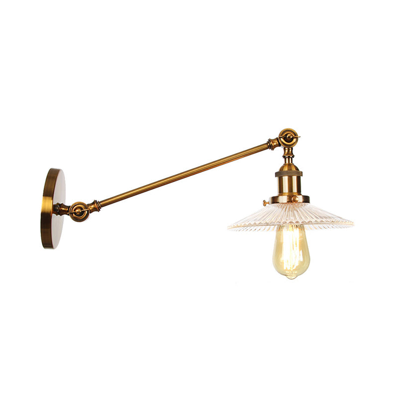 Rotating Single-Bulb Saucer/Cone Sconce Warehouse Brass Clear Glass Wall Mounted Light with Straight Arm Brass F Clearhalo 'Art deco wall lights' 'Cast Iron' 'Glass' 'Industrial wall lights' 'Industrial' 'Middle century wall lights' 'Modern' 'Rustic wall lights' 'Tiffany' 'Traditional wall lights' 'Wall Lamps & Sconces' 'Wall Lights' Lighting' 1917791
