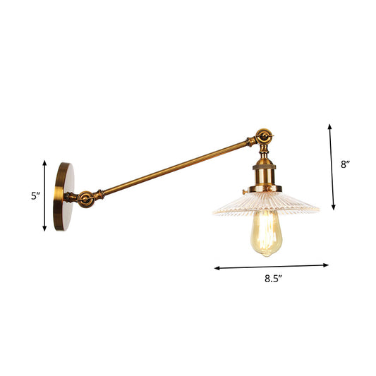 Rotating Single-Bulb Saucer/Cone Sconce Warehouse Brass Clear Glass Wall Mounted Light with Straight Arm Clearhalo 'Art deco wall lights' 'Cast Iron' 'Glass' 'Industrial wall lights' 'Industrial' 'Middle century wall lights' 'Modern' 'Rustic wall lights' 'Tiffany' 'Traditional wall lights' 'Wall Lamps & Sconces' 'Wall Lights' Lighting' 1917792