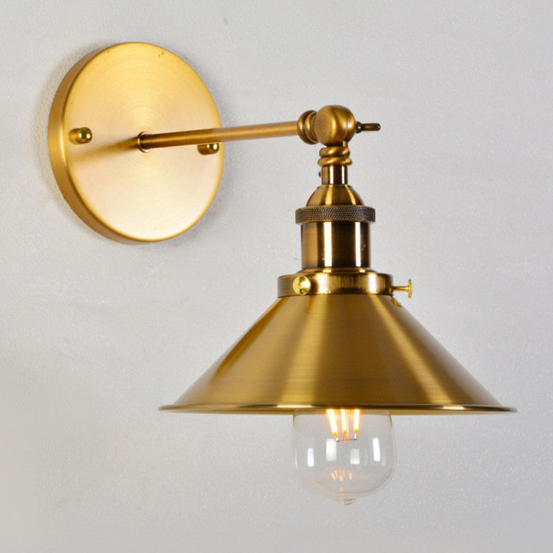 Iron Conical Pivot Shade Wall Lamp Industrial 1 Bulb Bedside Reading Wall Light in Gold Gold Clearhalo 'Art deco wall lights' 'Cast Iron' 'Glass' 'Industrial wall lights' 'Industrial' 'Middle century wall lights' 'Modern' 'Rustic wall lights' 'Tiffany' 'Traditional wall lights' 'Wall Lamps & Sconces' 'Wall Lights' Lighting' 1917793